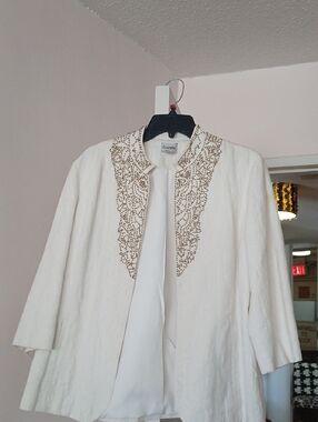 Chico's Ivory Open-Front Jacket with Gold Beaded Trim